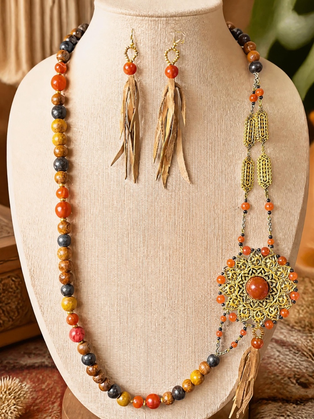 The Nomad’s Mandala: Asymmetrical Agate and Leather Tassel Necklace Set